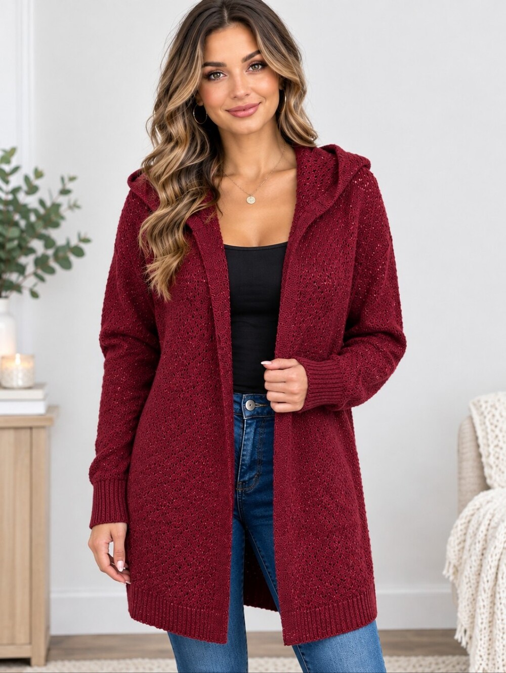 Rewind Women’s Burgundy Knit Hooded Cardigan Sweater Sz L